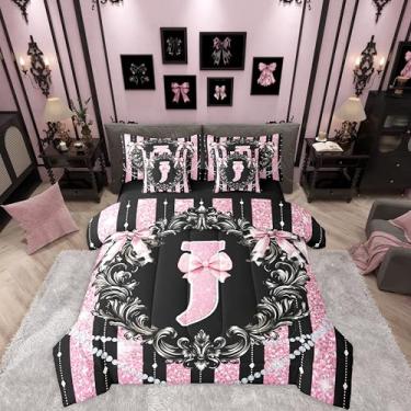 Imagem de Erosebridal Conjunto de cama solteiro com letra J laço preto rosa alfabeto 7 peças | Conjunto de edredom gótico com laço kawaii, para meninas e crianças, conjunto de cama com glitter