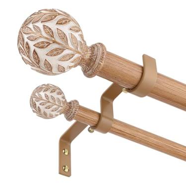 Imagem de Wolistsa Varões de cortina duplos de madeira de bordo para janelas de 91 a 300 cm, mastro decorativo de cortina resistente de 2,5 cm com acabamentos de imitação de grão de madeira