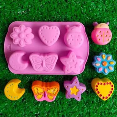 Imagem de Forma de Silicone Flexível para Chocolate em Formato Borboleta Lua Flor Coração Joaninha Estrela, 6 Cavidades, Vermelho, Molde para Gelatina, Gelo, Balas e Sabonete (Rosa)