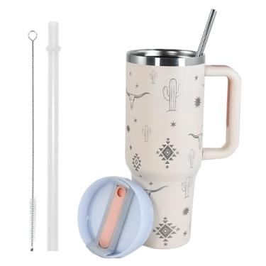 Imagem de Copo AGH 1,134 g com alça padrão de cabeça de touro a laser, copo isolado de aço inoxidável com canudo, copo de café de viagem copo portátil de carro para acampamento ao ar livre, presente de Natal