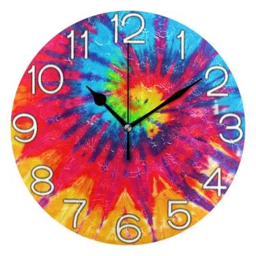 Imagem de Relógio de parede analógico decorativo redondo sem tique-taque silencioso relógio de cozinha fofo, decoração de parede retrô moderna art déco, arco-íris tie dye colorido, 25 cm, ponteiros pretos