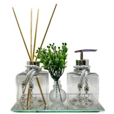 Imagem de Kit Lavabo Turmalina PET 200ml para Difusor, Saboneteira e Aromatizador com Bandeja Espelhada(ROSE,TRANSPARENTE)
