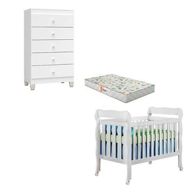 Imagem de Berço Americano Lila com Colchão Gazin e Cômoda Gaveteiro Ternura Baby Branco Brilho - Incorplac