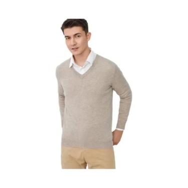 Imagem de Suéter Masculino De Malha Em Mistura De Cashmere E Algodão Com Decote 
