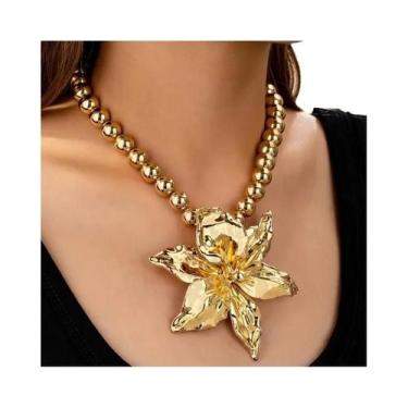 Imagem de Colar Feminino Boho Com Pingente De Flor E Corrente De Contas, Grande 