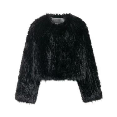 Imagem de Jaqueta feminina preta de pele sintética recortada manga comprida casa