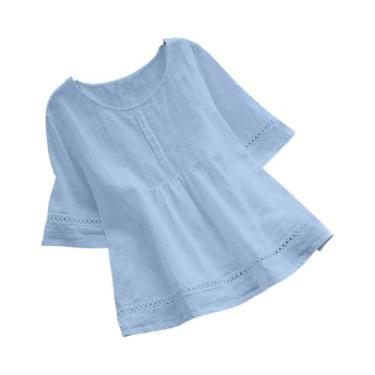 Imagem de Camisa Elegante Feminina De Algodão E Linho, Cor Sólida, Casual, Decot