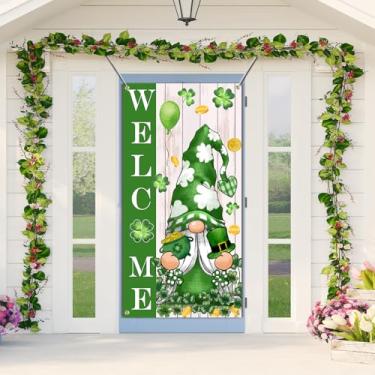 Imagem de SENSEVEN Faixa de porta do dia de São Patrício, capa de porta de gnomo trevo de primavera, placa de varanda de boas-vindas trevo de gnomo, decorações de porta de frente verde 70,9 x 35,4 polegadas,