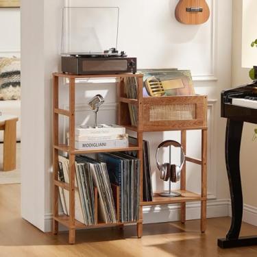 Imagem de LELELINKY Suporte para toca-discos, suporte de madeira marrom com armazenamento de vinil, comporta até mais de 300 álbuns, mesa de mídia de vime de 3 camadas com prateleira de exibição de vinil