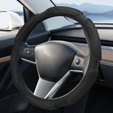 Imagem de Wuyaoyao Capa de volante de carro, capa de volante antiderrapante de couro PU de 38 cm com almofada macia, respirável e confortável, acessórios internos universais para carro (preto)