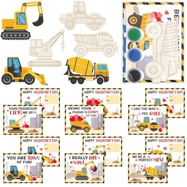 Imagem de Ctosree 24 Pack Valentine's Party Favors Bulk DIY Cards Gifts Wooden Arts Painting Craft Kit with Valentine's Cards Thank You for Gifts for Kids Boys Girls Birthday Party(Construction Themed)