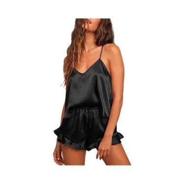 Imagem de Conjunto De Pijama Sexy De Seda Satin Para Mulheres, Top Cami Com Deco