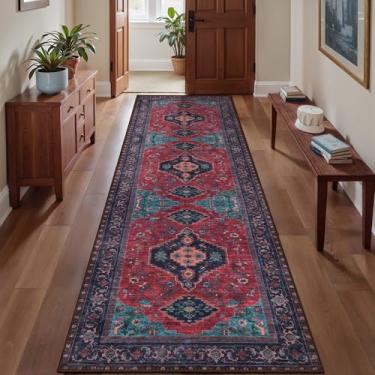 Imagem de Tangsoo Tapete de corredor lavável de 6 x 25 cm, tapete antiderrapante vintage para corredores, tapete longo macio com estampa de corredor para entrada de cozinha, sala de estar, bordô/azul marinho