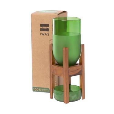 Imagem de IWAS Plantador de madeira teca Upcycled | Verde alto | Altura de 21,5 cm | Suporte de vaso de plantas sustentável com base de madeira de teca | Decoração de casa ecológica e feita à mão