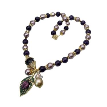 Imagem de DWBPGVUN Colar de pérola de ametista Keshi de concha do mar, 56 cm, pingente de abelha