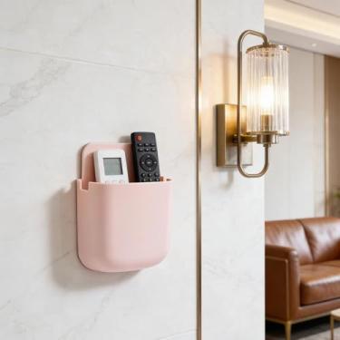 Imagem de 1 caixa de armazenamento com controle remoto, sala de estar, parede, cabeceira, celular, caixa pequena, suporte para pendurar no banheiro (rosa)
