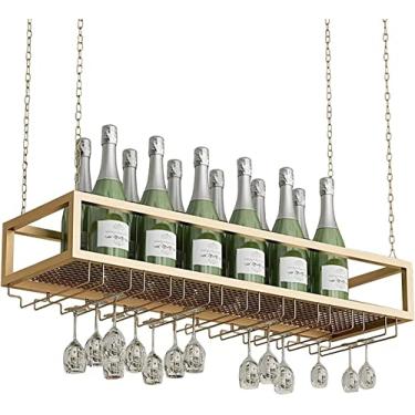 Imagem de Suporte de garrafa de vinho pendurado no teto corrente de ferro de metal para teto suporte de copo de vinho suporte de copo de vinho ajustável com suporte de vidro preto fosco P (ouro preto 60 x 25 x