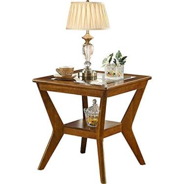 Imagem de Mesa lateral de sofá de madeira maciça, sala de estar, armário lateral de vidro temperado, painel de controle de mesa de centro, suporte de cabeceira (branco) (marrom)