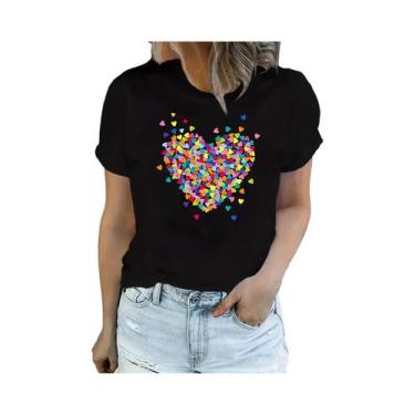 Imagem de Camiseta Casual Feminina Com Estampa De Coração, Manga Curta, Decote R