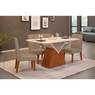 Imagem de Conjunto: Mesa Sala Jantar Argo c/ Tampo Madeirado c/ Vidro Curvo 136x90cm e 4 Cadeiras Lia Freijo/Off White - Linho Bege - DJ Móveis