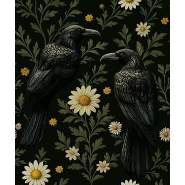 Imagem de Papel de parede de corvo preto descasque e cole papel de contato folha verde margarida branca estilo romântico vinil autoadesivo removível papel de contato mural de parede para sala de estar