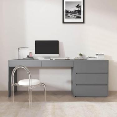 Imagem de Mesa de computador de madeira maciça com gavetas de armazenamento - Estação de trabalho de estudo moderna para escritório em casa e mesa de estudante, escrivaninha com amplo espaço para organização e