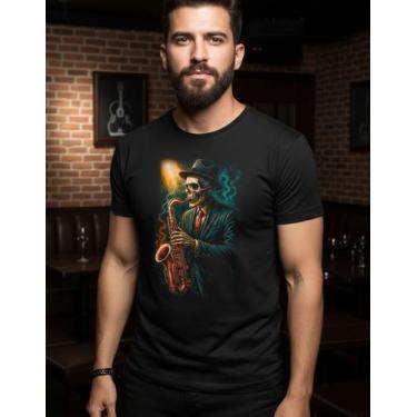 Imagem de Camiseta 100% Algodão Caveira Saxofonista Streetwear Estampa - Genéric