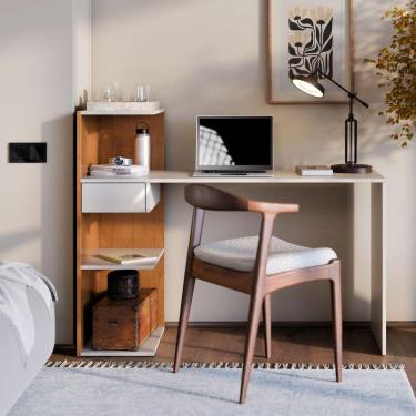 Imagem de Mesa Escrivaninha Euro Para Home Office E Quarto Com Gaveta E Prateleiras Canela Branco