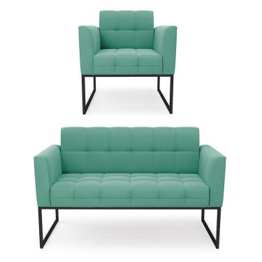 Imagem de Kit 1 Sofá Namoradeira E 1 Poltrona Suede Base Metálica Industrial Preto D'rossi Cor Azul Turquesa