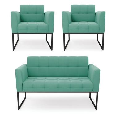 Imagem de Kit 1 Sofá Namoradeira E 2 Poltronas Suede Base Metálica Industrial Preto - D'rossi Turquesa