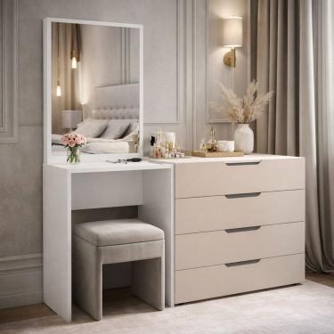 Imagem de Cômoda Penteadeira 4 Gavetas Madrid Creme/Branco