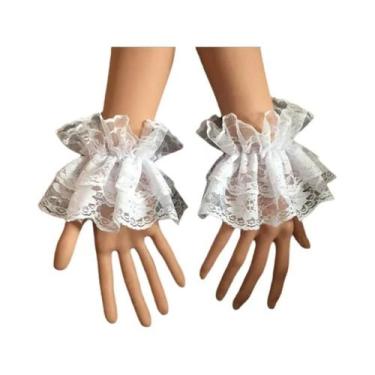 Imagem de Luvas Pretas De Renda Com Babados Florais Estilo Lolita, Punhos Elásti