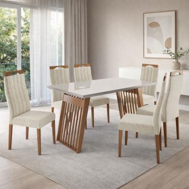 Imagem de Conjunto Sala de Jantar Mesa 154cm com Tampo de Vidro  Moscou com 6 Cadeiras Grécia Madetal - Mel/Nude/Bege