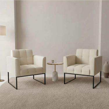 Imagem de Poltrona Sala Decorativa Kit 2 Elisa Base Industrial Preta Cotelê Ext/Veludo Bege D03 - D'Rossi