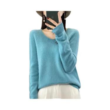 Imagem de Suéter Feminino De Lã Merino E Cashmere Com Decote Em V, Manga Longa, 