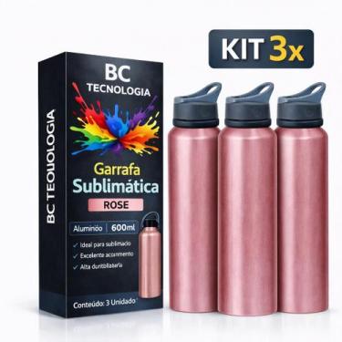 Imagem de Kit 3x Garrafa de Alumínio Rose com Tampa Sport para Sublimação 600ml 