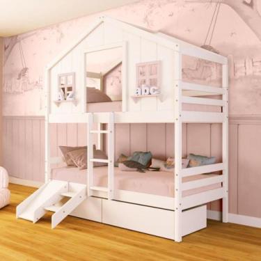 Imagem de Beliche Casinha Dos Sonhos Com 02 Gavetas Kit Escada/ Escorregador Mad