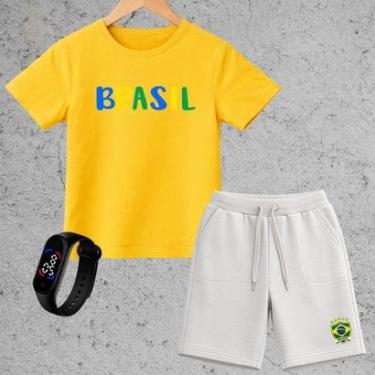 Imagem de Conjunto Infantil Brasil Camiseta e Short Moletinho Menino Roupa Copa Estilo Esportivo Confortável-Masculino