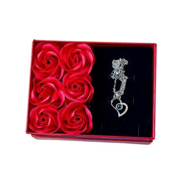 Imagem de Colar Coração Eu Te Amo Projeção 100 Idiomas com Caixa Presente 6 Rosas Artificiais Romântico Dia das Mães e Namorados