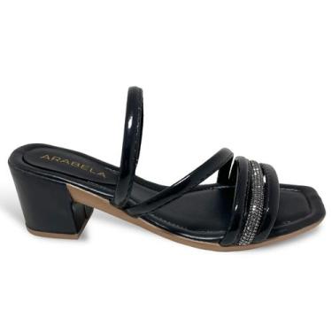 Imagem de Tamanco Feminino Preto com Tira Cruzada Strass e Salto Bloco - Arabela
