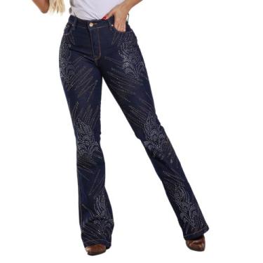 Imagem de Calça Country Feminina Jeans Flare Strass Cristal/Dourado Amaciado - R