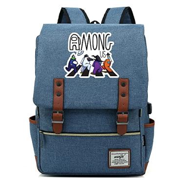 Imagem de Mochila retrô com estampa Among Space Game, mochila escolar retrô unissex (com USB), Azul claro, Large, Clássico