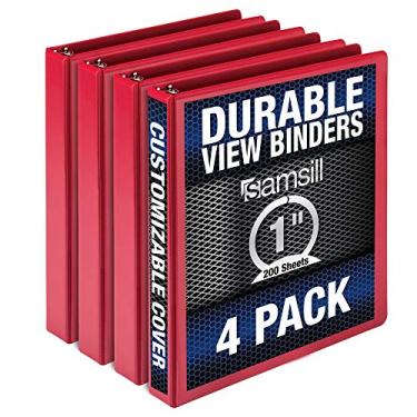 Imagem de Samsill Fichário durável de 2,5 cm/Fichário de anel redondo vermelho/Fichário de visualização transparente personalizável, pacote com 4 / Fichário vermelho com 3 anéis, fichário de uma polegada