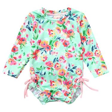 Imagem de Roupa de banho de praia peça estampada menina uma criança bebê floral infantil biquíni maiô meninas roupa de banho esporte 1 (verde, 70)