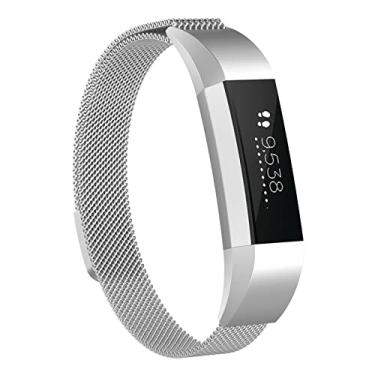 Imagem de LAREDTREE Pulseiras de metal compatíveis com Fitbit Alta/Fitbit Alta HR, pulseira ajustável magnética de aço inoxidável respirável para mulheres e homens (prata)