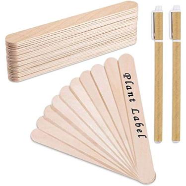 Imagem de Whaline 200 peças de etiquetas de plantas de madeira com 2 canetas de gel, etiquetas de placa de planta de cabeça redonda à prova d'água, etiqueta de planta de madeira de bétula, marcadores de jardim ecológicos para sementes e ervas em vasos, 1,6 x 15 cm