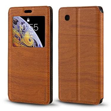 Imagem de Capa curva para BlackBerry 8520, capa de couro de grão de madeira com porta-cartão e janela, capa magnética para BlackBerry Gemini (6,2 cm) marrom