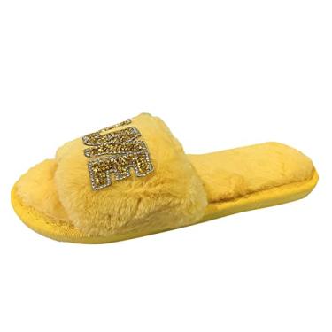 Imagem de Chinelos femininos moda inverno fundo plano antiderrapante dedo do pé aberto strass letra cor sólida slip on confortável chinelo meias femininas antiderrapantes (amarelo, 9)
