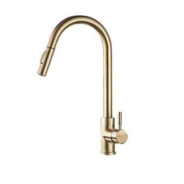 Imagem de Torneira de cozinha preto misturador de água quente e fria torneira de guindaste pulverizador de fluxo de rotação pia torneiras para cozinha pull-out, ouro escovado