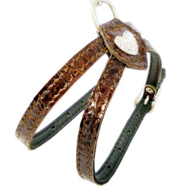 Imagem de Arreio de couro marrom de luxo com strass para cães para raças de brinquedo com diamantes de cristal PP. Sugestão para peito de 25,4 a 33 cm.